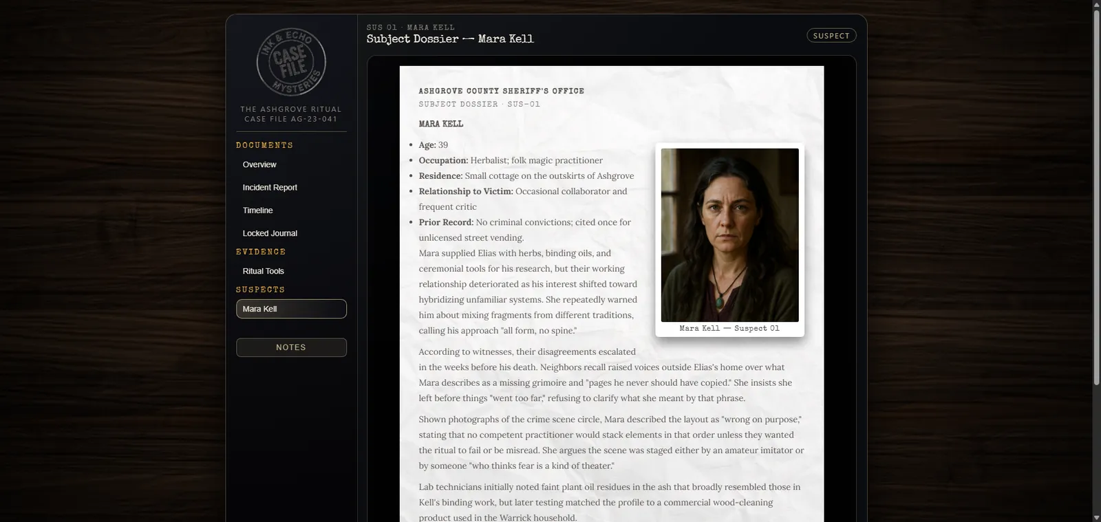 The Ashgrove Ritual suspect dossier and investigation interface