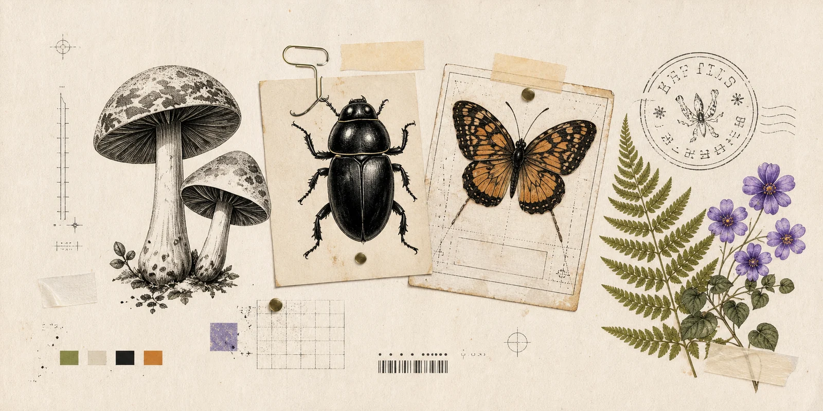Natural-history collage with mushrooms, beetle, butterfly, fern, and violet flowers