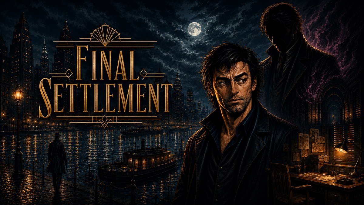 Final Settlement title artwork with a noir detective, moonlit city, and shadowed figure