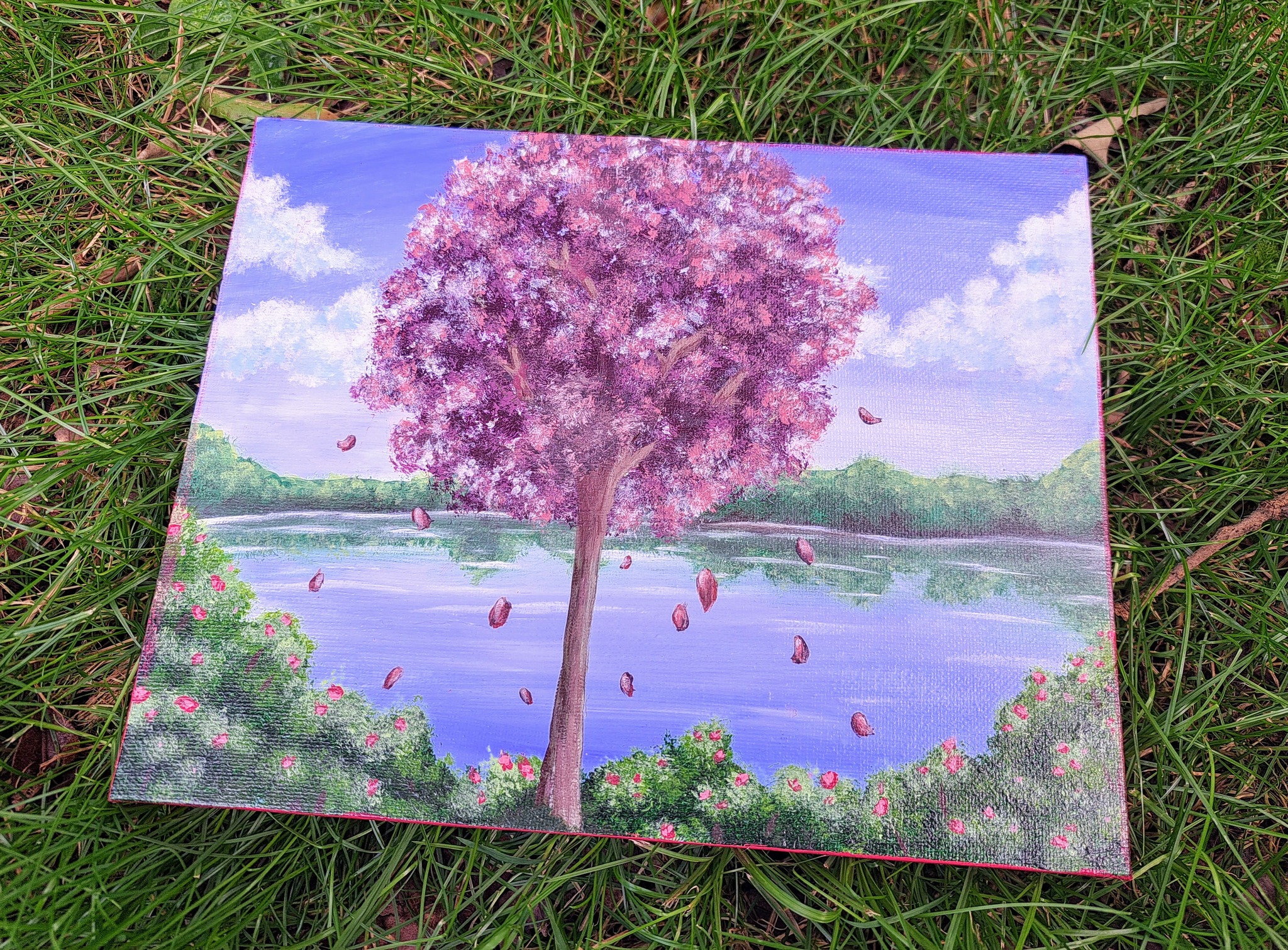 Atmospheric acrylic landscape painting with soft sky and gentle light