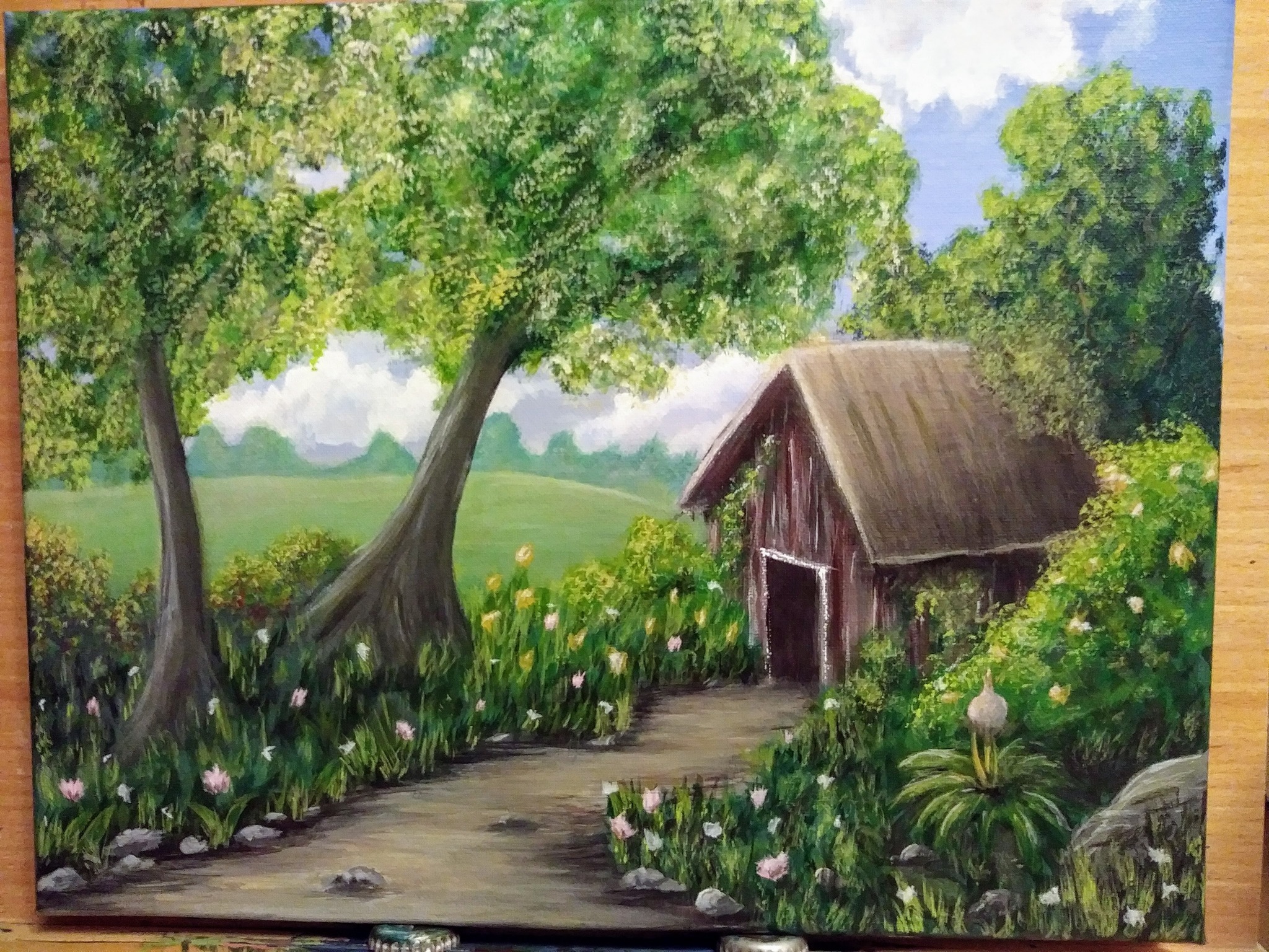 Acrylic painting of a cozy nature scene with trees and a path