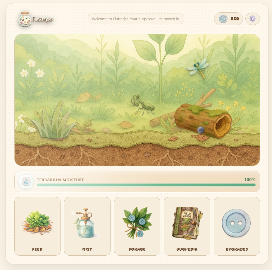 Flutterjar cozy terrarium game screenshot with a tiny ecosystem and bugs