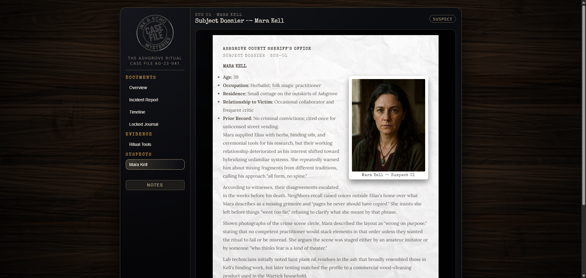 Ashgrove Ritual narrative mystery game screenshot featuring documents and occult clues