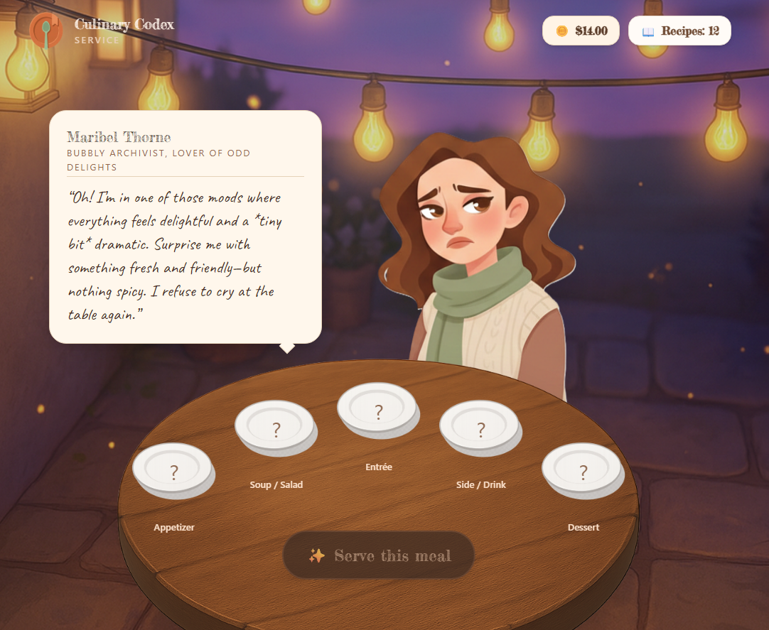 Culinary Codex café management prototype screenshot with cozy restaurant interface
