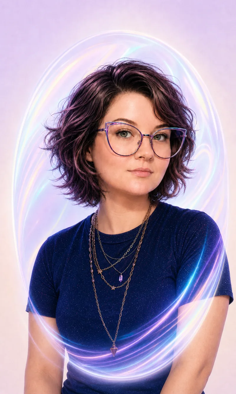 Shaylee Smith wearing purple glasses inside an iridescent oval