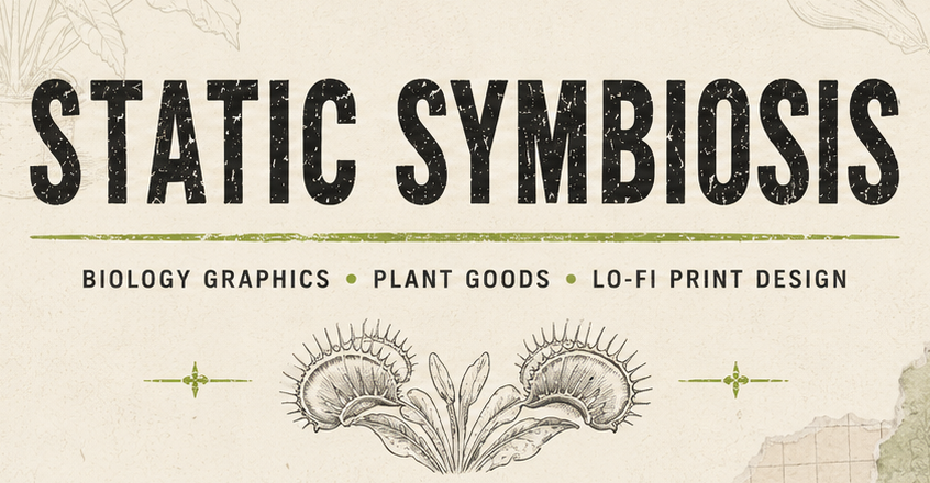 Static Symbiosis banner with Venus flytrap illustration and the text Biology Graphics, Plant Goods, Lo-Fi Print Design.
